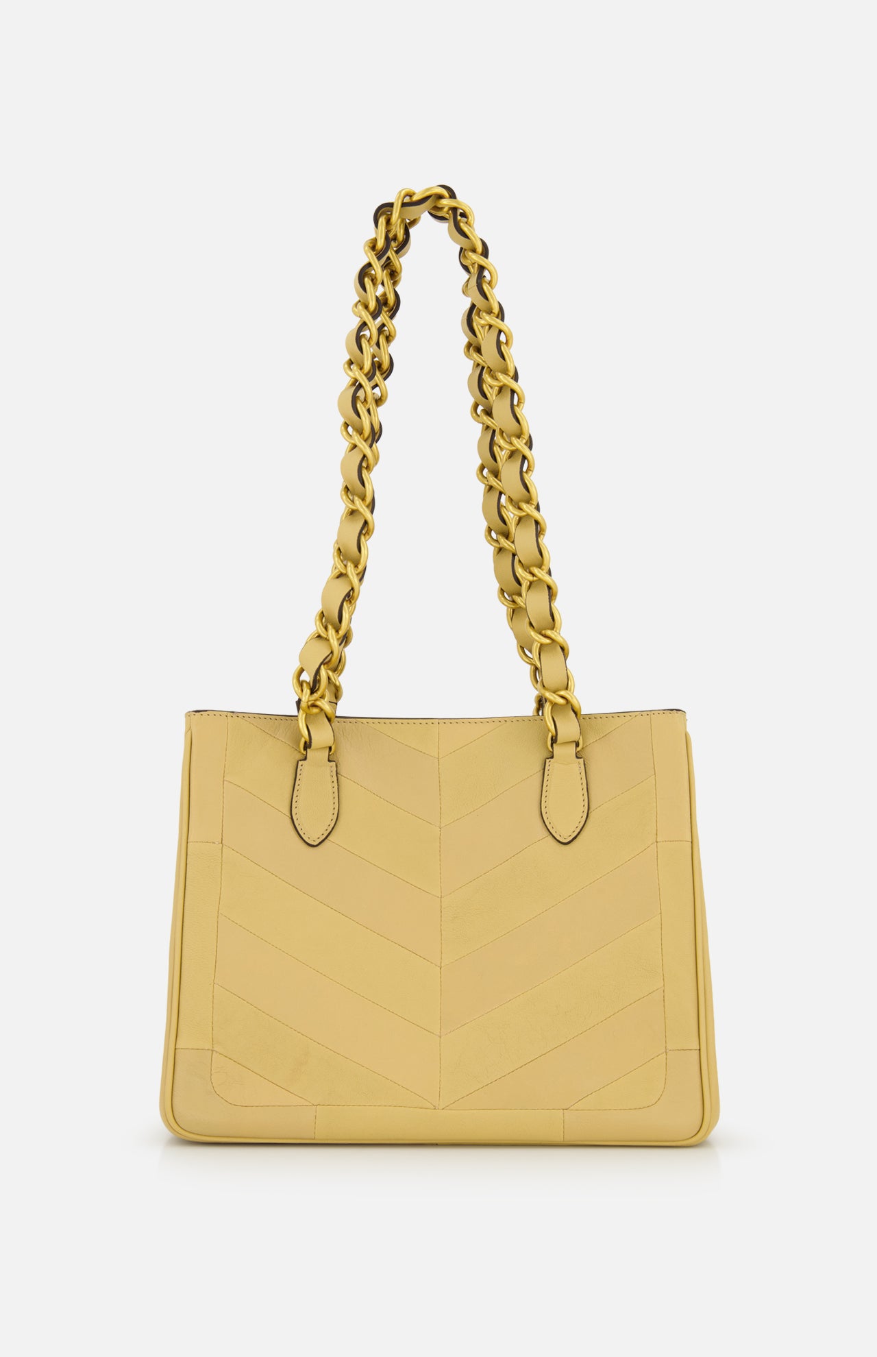 The VALENTINO GARAVANI Laseine Small Tote Bag features a gold-beige chevron design and two thick gold chain handles, elegantly displayed against a plain white background.