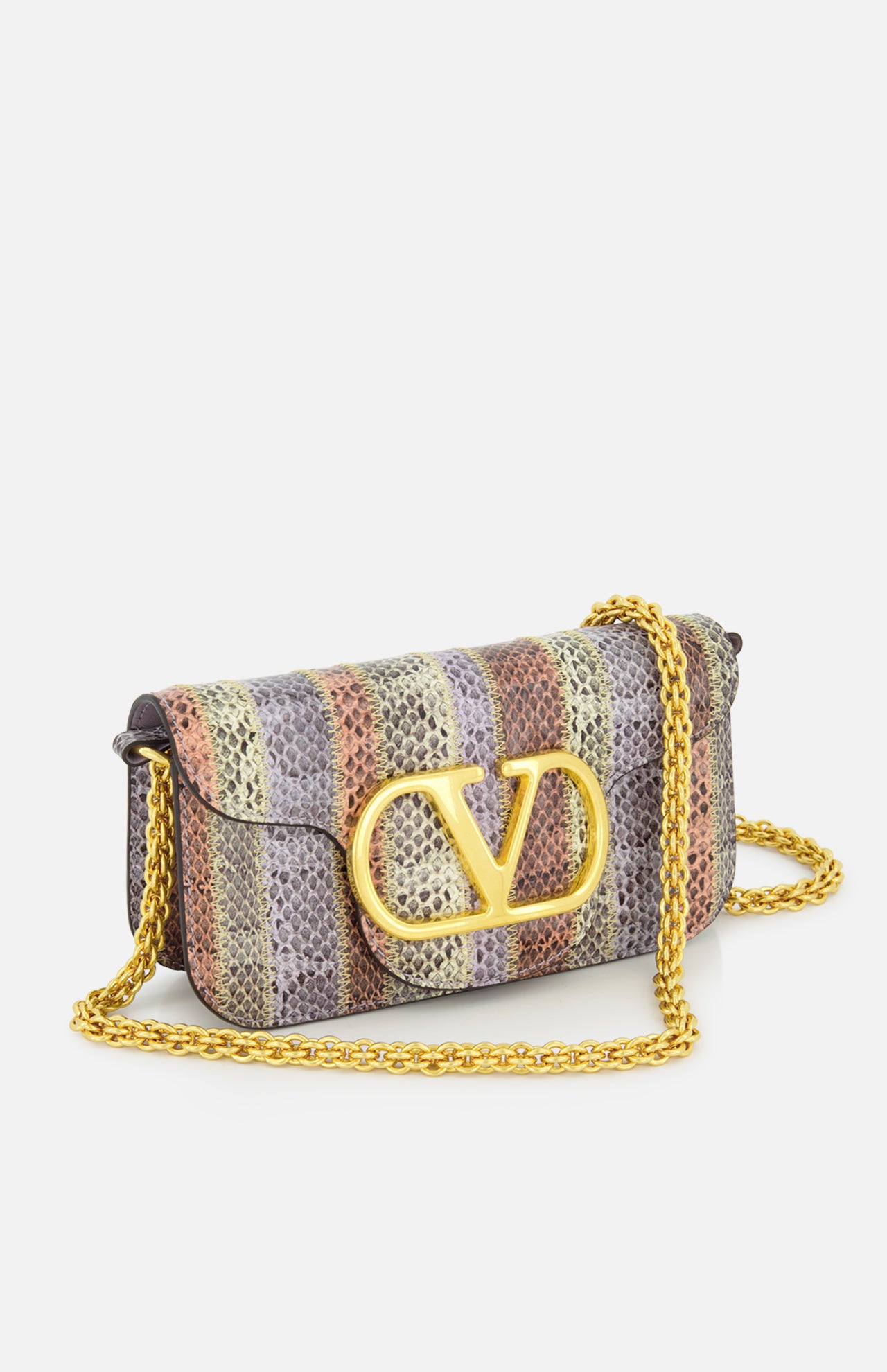 The VALENTINO GARAVANI Loco Small Animal Print Shoulder Bag features a gold chain strap, animal print in purple, gray, and beige tones, and a bold gold V logo on the front flap.