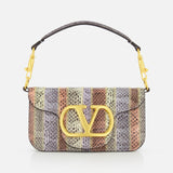 The VALENTINO GARAVANI Loco Small Animal Print Shoulder Bag features a bold gold V logo on the flap, chic gold hardware accents, and a short handle for stylish appeal.