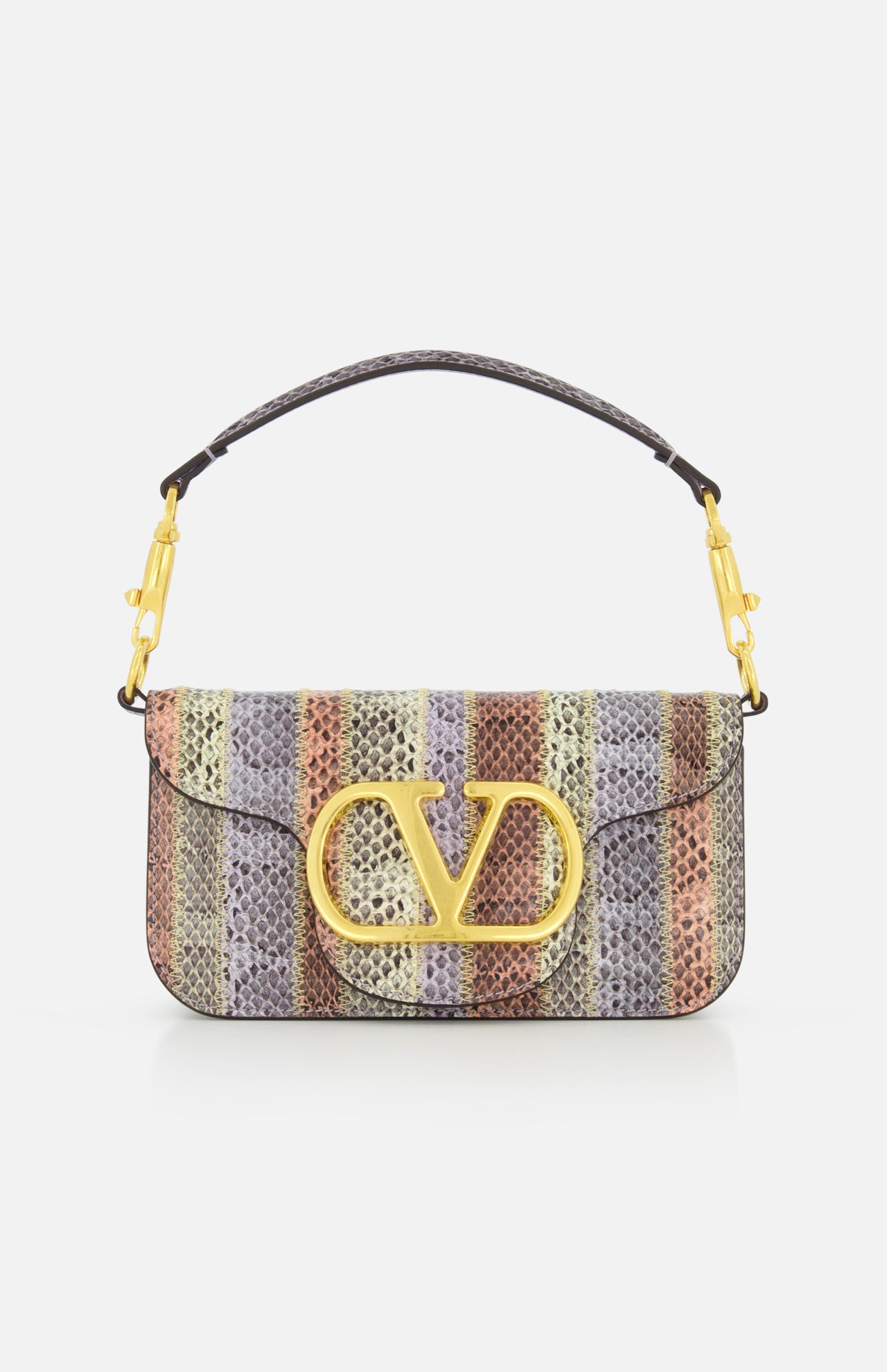 The VALENTINO GARAVANI Loco Small Animal Print Shoulder Bag features a bold gold V logo on the flap, chic gold hardware accents, and a short handle for stylish appeal.