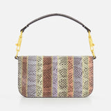 The VALENTINO GARAVANI Loco Small Animal Print Shoulder Bag is a petite, rectangular purse with a textured multicolor pattern and gold hardware, featuring a short dark handle against a plain white background.