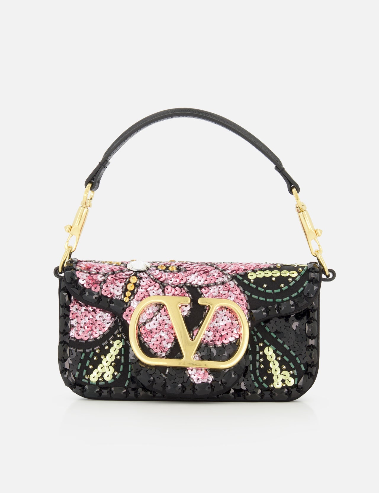 The Loco Small Shoulder Bag by VALENTINO GARAVANI is a black evening bag adorned with a vibrant floral sequin design in pink, green, and yellow. Featuring a gold Valentino logo clasp and a sleek black handle with gold hardware, this sparkling sequined minaudière effortlessly elevates any look.