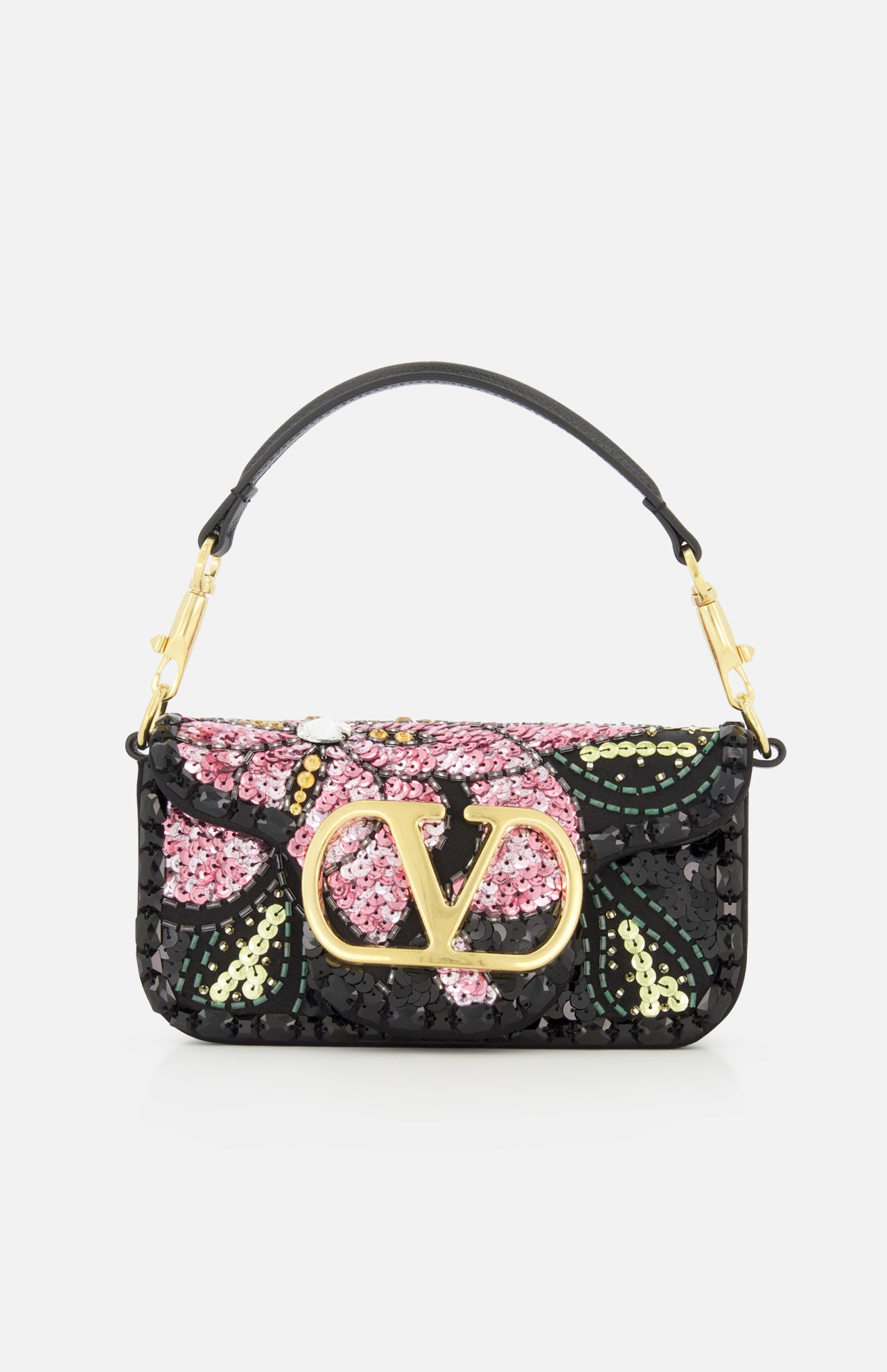 The Loco Small Shoulder Bag by VALENTINO GARAVANI is a black evening bag adorned with a vibrant floral sequin design in pink, green, and yellow. Featuring a gold Valentino logo clasp and a sleek black handle with gold hardware, this sparkling sequined minaudière effortlessly elevates any look.