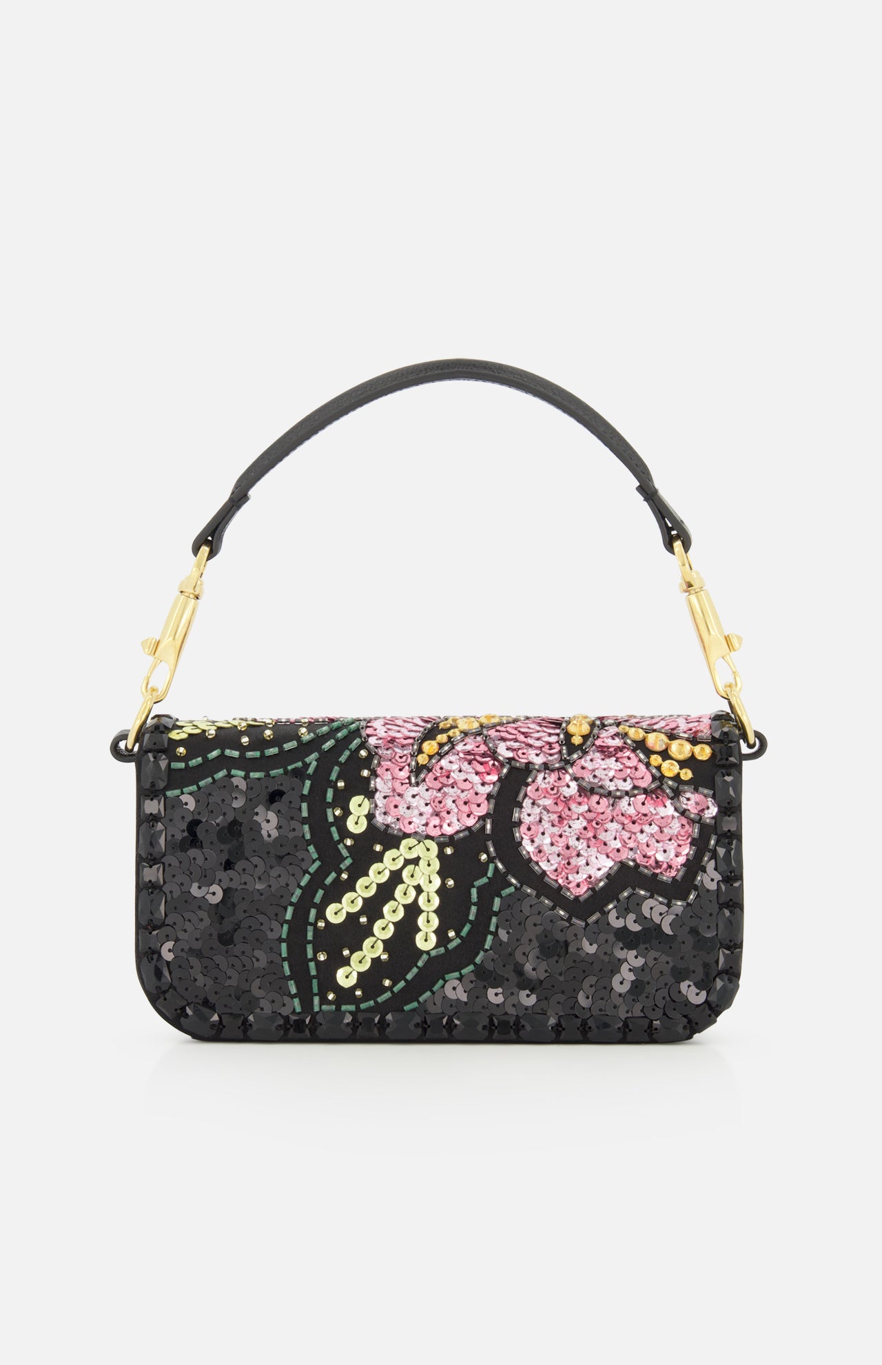 Make a statement with the VALENTINO GARAVANI Loco Small Shoulder Bag—a black handbag featuring a short handle, adorned with pink, yellow, and green sequin floral patterns and gold-tone hardware. This sparkling sequined minaudière is the perfect evening bag for adding a touch of glamour to any outfit.