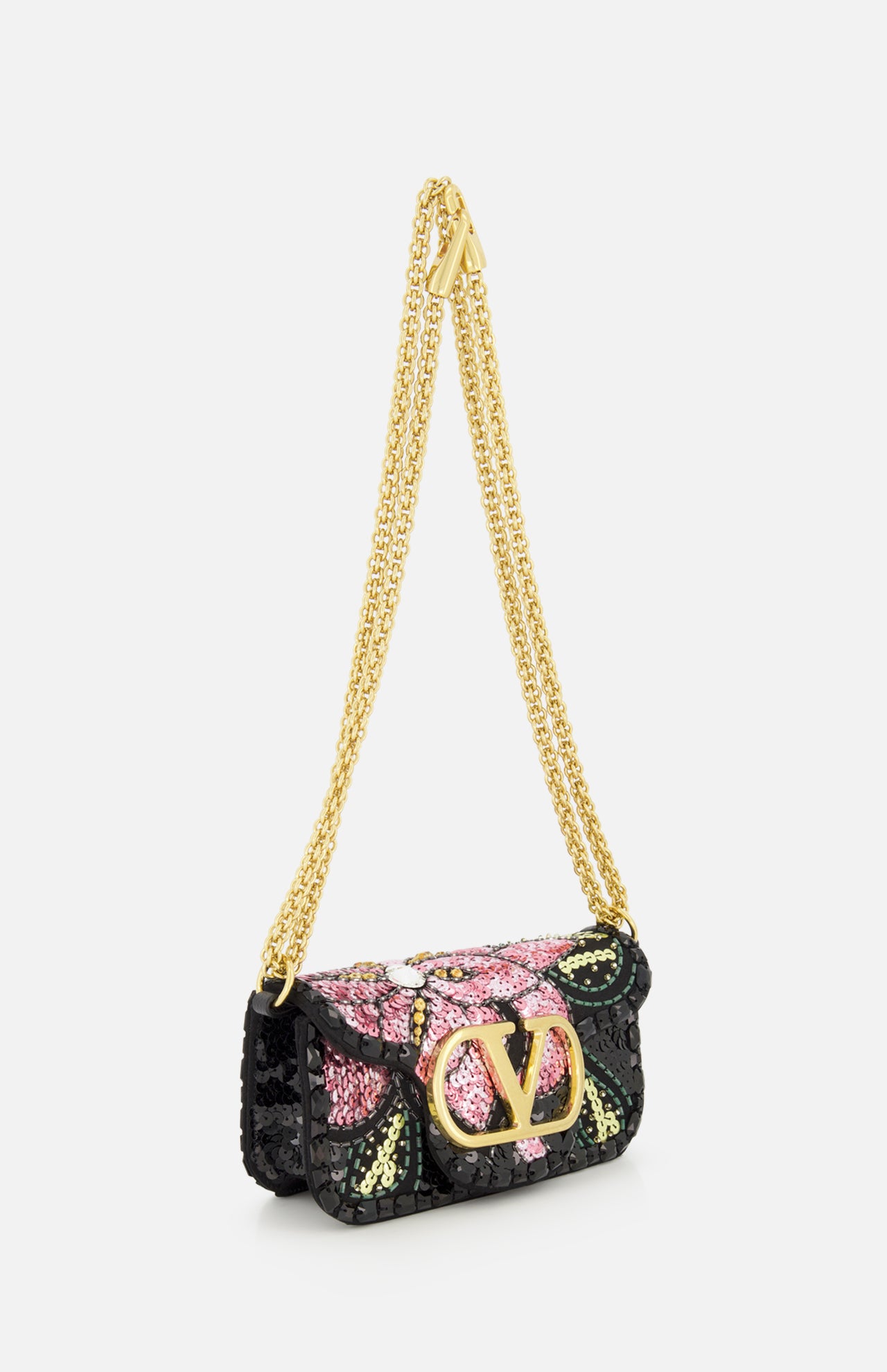 The VALENTINO GARAVANI Loco Small Shoulder Bag is a sparkling sequined minaudière adorned with pink and green sequins, a prominent gold V logo on the front flap, and a gold chain strap—making it the perfect evening bag for any glamorous occasion.