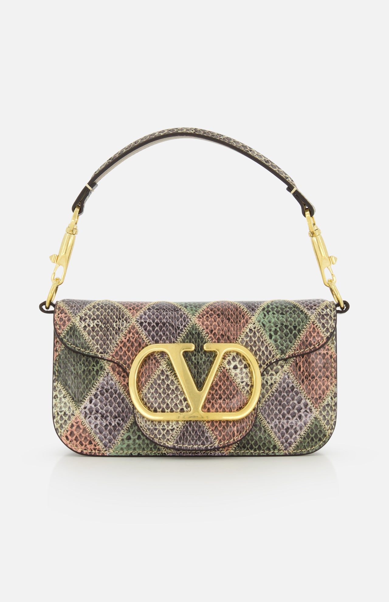 Valentino Garavani Loco Small Shoulder Bag in a multicolored, patchwork harlequin pattern with a textured finish, featuring a large gold-tone logo emblem on the front flap and a detachable top handle.