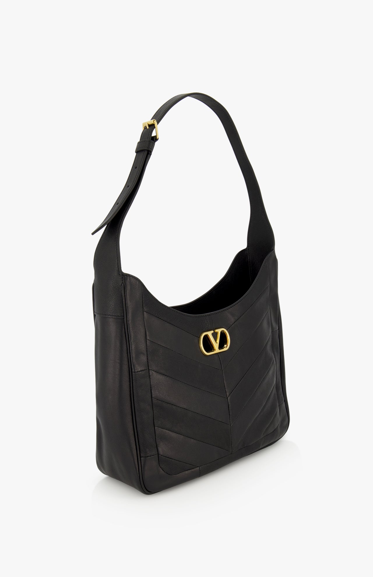 VALENTINO GARAVANI Loise Medium Leather Hobo Bag in black nappa leather, featuring a wide strap, gold buckle, and signature gold V logo on the front, displayed against a white background.