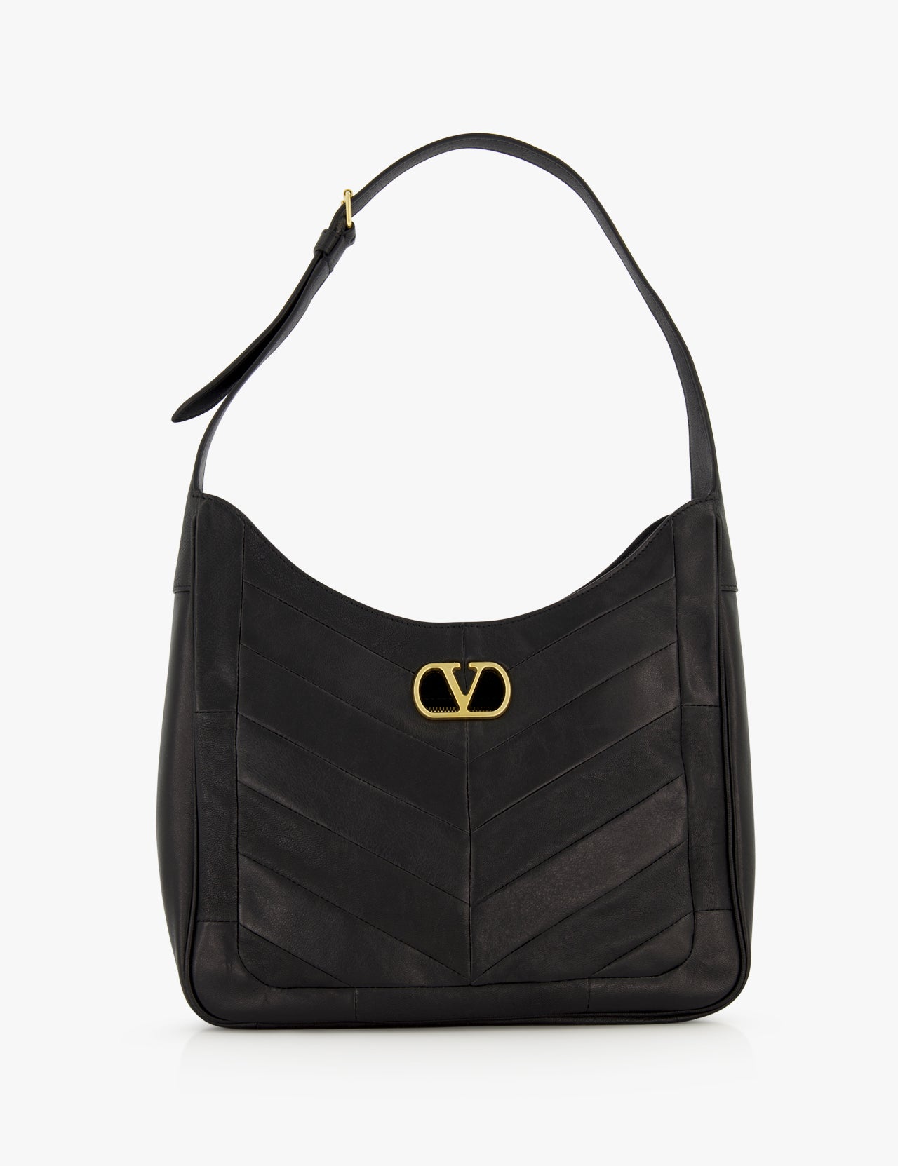 The Loise Medium Leather Hobo Bag by VALENTINO GARAVANI is crafted from luxurious black nappa leather and features a gold V logo on the front, a single shoulder strap, and elegant chevron-patterned stitching.