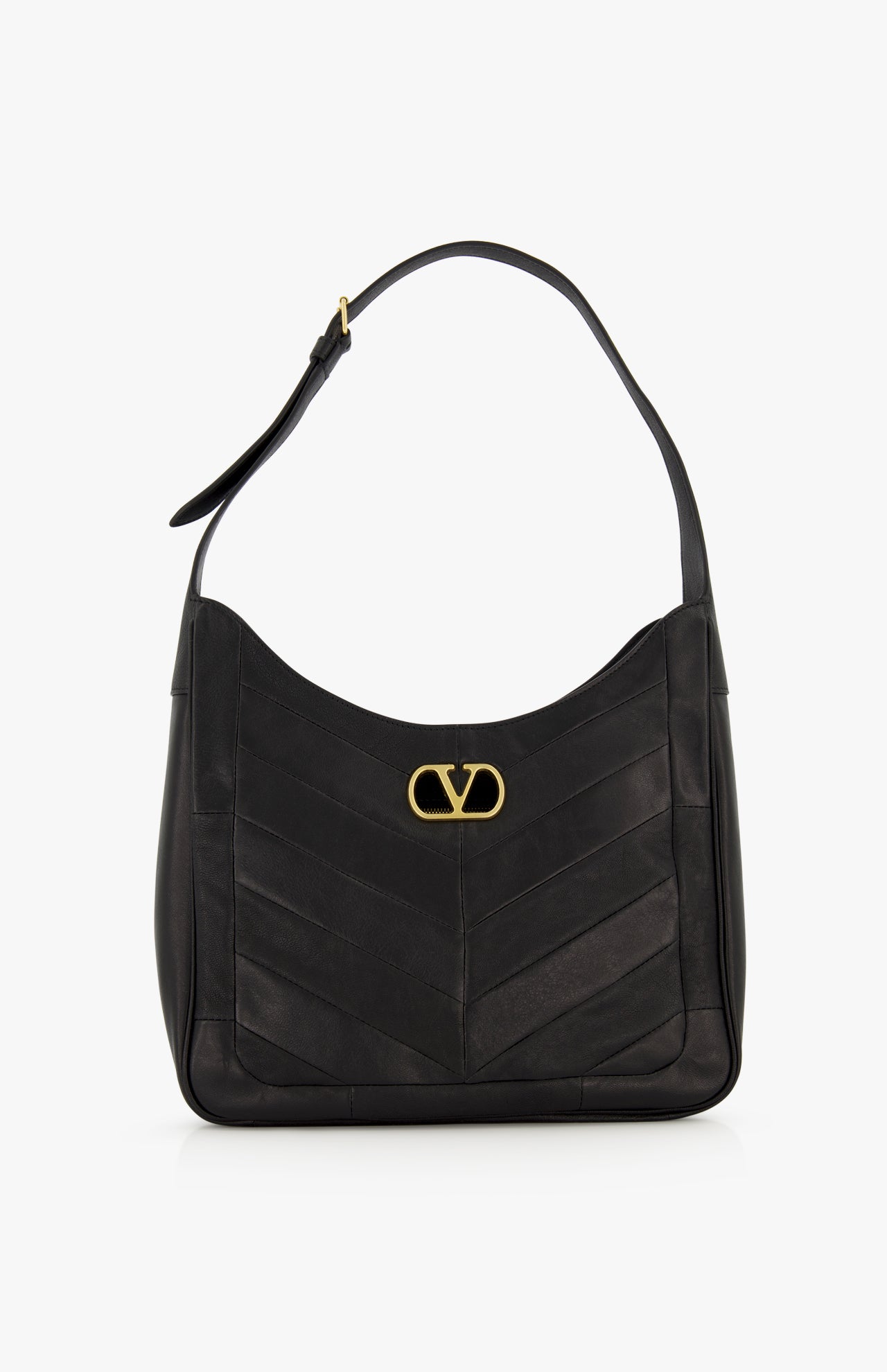 The Loise Medium Leather Hobo Bag by VALENTINO GARAVANI is crafted from luxurious black nappa leather and features a gold V logo on the front, a single shoulder strap, and elegant chevron-patterned stitching.