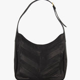 The VALENTINO GARAVANI Loise Medium Leather Hobo Bag features black nappa leather, a single wide strap with a gold-tone buckle detail, and chevron pattern stitching on the front, showcased against a plain white background.