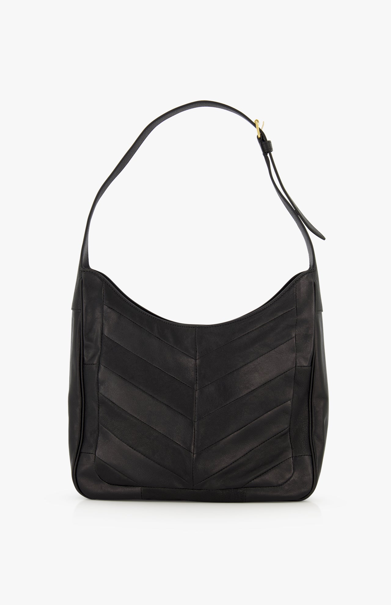 The VALENTINO GARAVANI Loise Medium Leather Hobo Bag features black nappa leather, a single wide strap with a gold-tone buckle detail, and chevron pattern stitching on the front, showcased against a plain white background.