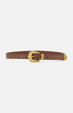 A dark brown Mini VLogo Signature Belt H.20 by VALENTINO GARAVANI, crafted in Italy, featuring a gold-tone, ornate horseshoe-shaped buckle with several adjustment holes and a matching gold end tip.