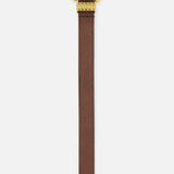 The VALENTINO GARAVANI Mini VLogo Signature Belt H.20 is a dark brown leather belt with a decorative gold-tone buckle featuring intricate detailing, made in Italy and shown against a white background.