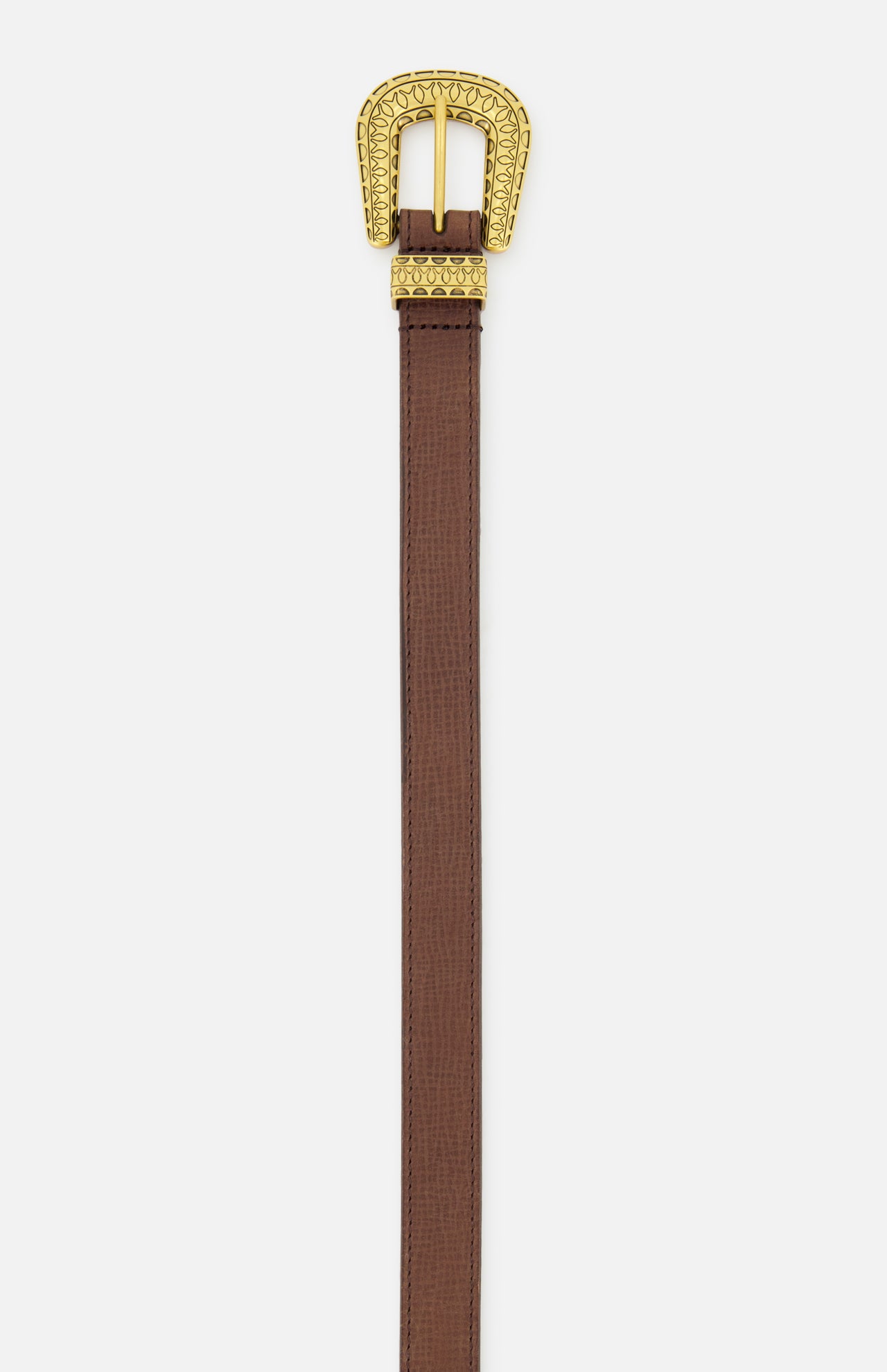 The VALENTINO GARAVANI Mini VLogo Signature Belt H.20 is a dark brown leather belt with a decorative gold-tone buckle featuring intricate detailing, made in Italy and shown against a white background.