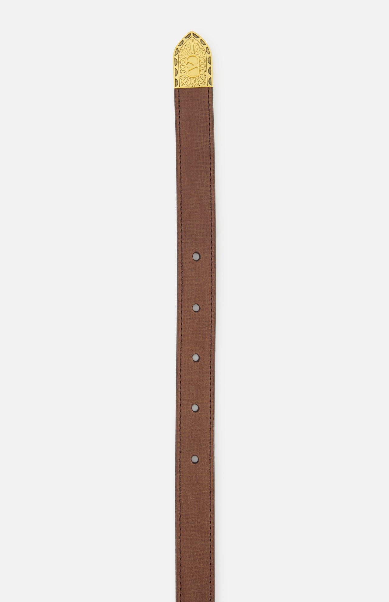 The VALENTINO GARAVANI Mini VLogo Signature Belt H.20 is expertly crafted in Italy from dark brown leather, featuring visible edge stitching and five center holes. Accented with a sophisticated gold-tone buckle and a pointed decorative tip, this accessory exemplifies timeless style and exceptional craftsmanship.