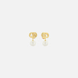 The VALENTINO GARAVANI Ovalette Logo Pearl Earrings feature gold-tone interlocking V logos with a single round white pearl drop, shown on a plain white background.