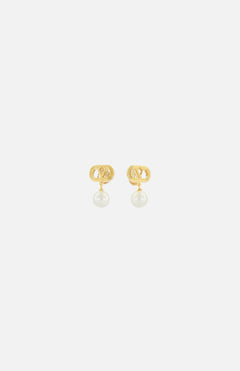 The VALENTINO GARAVANI Ovalette Logo Pearl Earrings feature gold-tone interlocking V logos with a single round white pearl drop, shown on a plain white background.