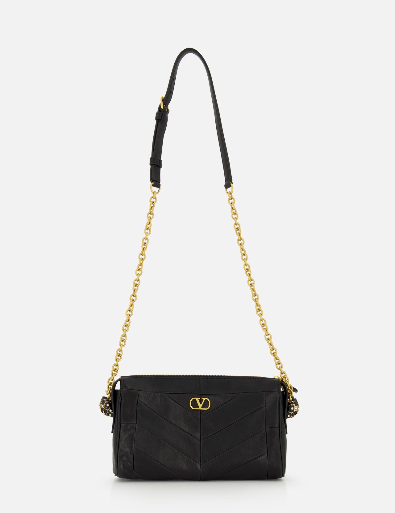 Valentino Garavani Panthea Small Shoulder Bag in black leather with chevron stitching, a V-logo plaque, and a gold chain strap.