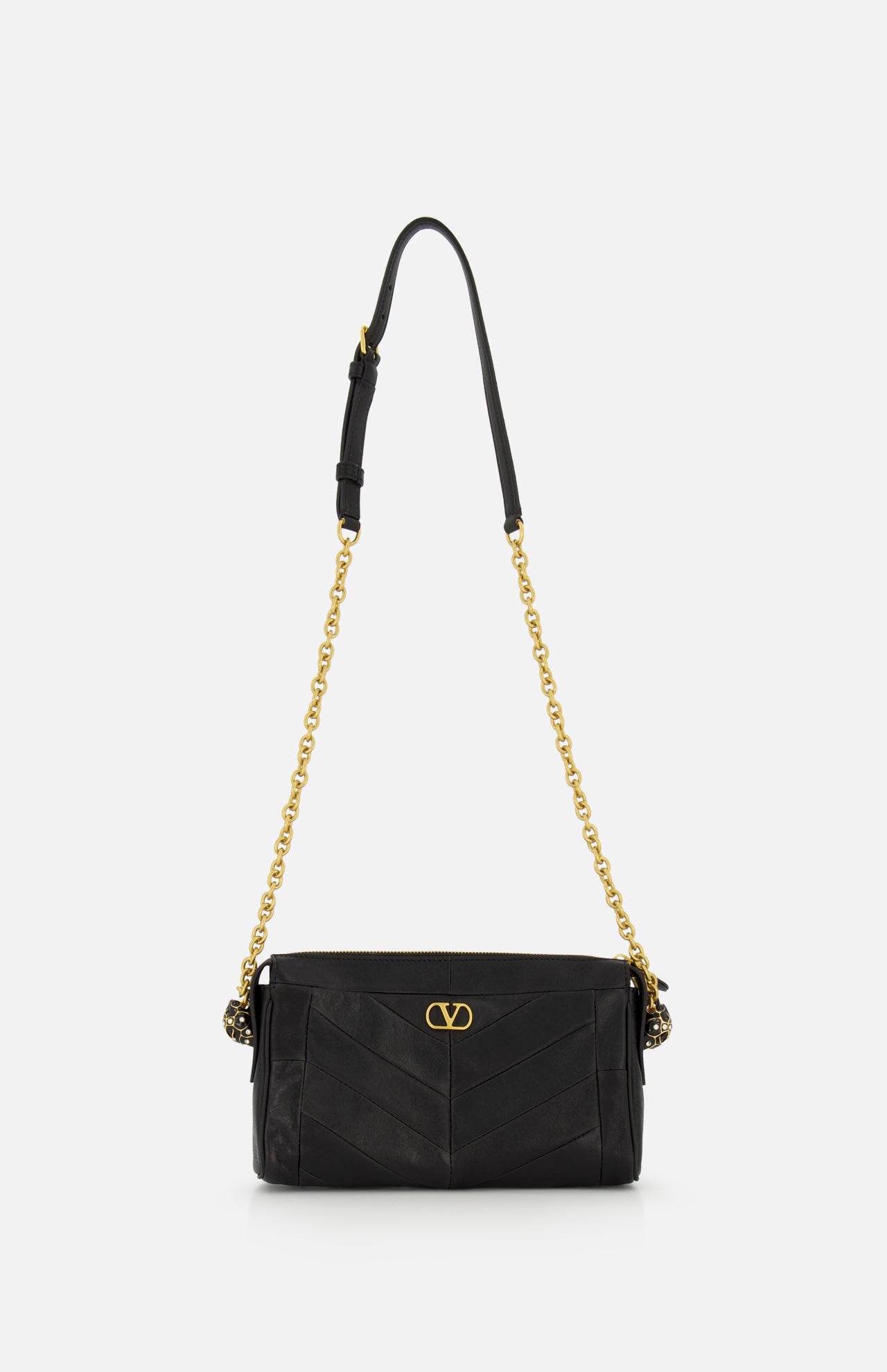 Valentino Garavani Panthea Small Shoulder Bag in black leather with chevron stitching, a V-logo plaque, and a gold chain strap.