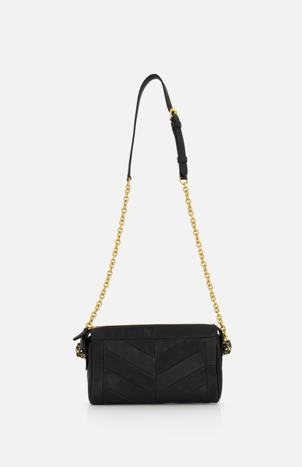 Valentino Garavani Panthea Small Shoulder Bag in black leather featuring a chevron pattern, a gold chain strap, and an adjustable leather shoulder piece.