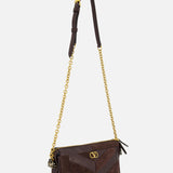 Introducing the Panthea Small Patchwork Shoulder Bag by VALENTINO GARAVANI—a sophisticated dark brown shoulder bag expertly crafted from a luxurious mix of suede and leather. This elegant accessory features a striking geometric patchwork pattern on the front, complemented by gold-tone hardware, a distinctive V logo emblem, and a chic gold chain strap. Finished with a secure zipper closure, this bag effortlessly blends modern style with timeless refinement.