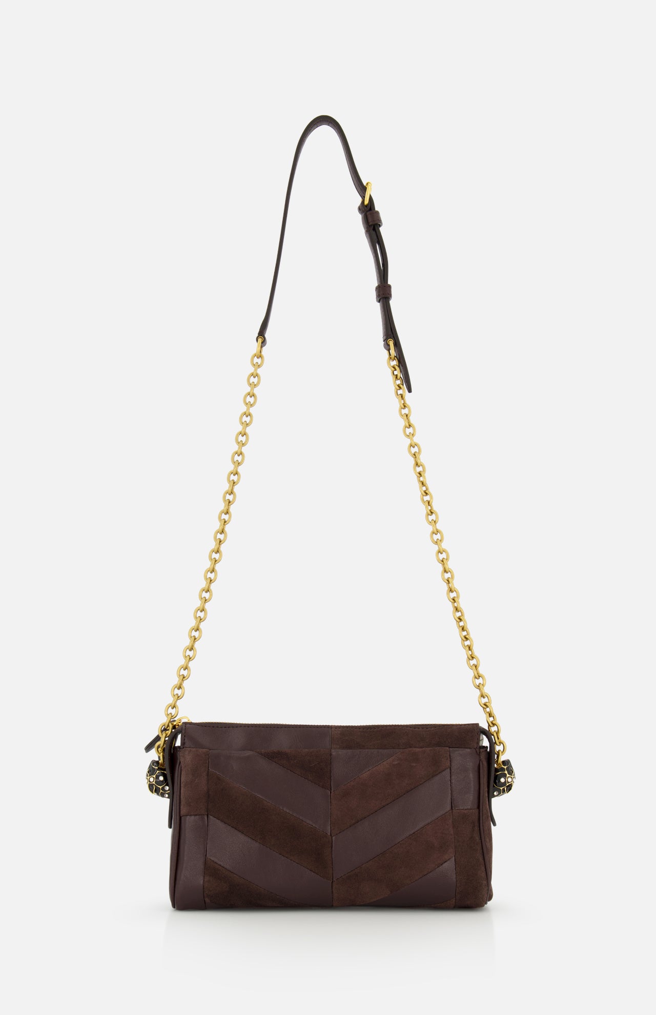 The VALENTINO GARAVANI Panthea Small Patchwork Shoulder Bag is a dark brown design crafted from suede and leather, showcasing a chevron pattern embellished with subtle Swarovski crystals. It features a gold chain strap and an adjustable leather shoulder pad, displayed against a plain white background.