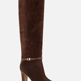 A single knee-high, dark brown suede Pattie Ankle Strap Boot by VALENTINO GARAVANI featuring a mid-height block heel and a thin ankle strap with a small gold buckle.