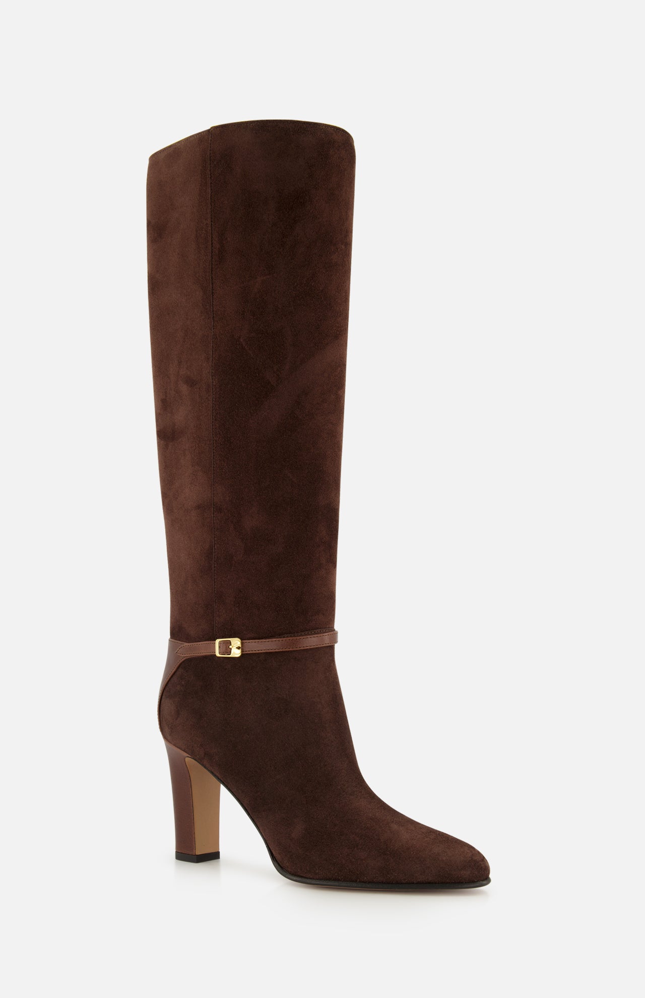 A single knee-high, dark brown suede Pattie Ankle Strap Boot by VALENTINO GARAVANI featuring a mid-height block heel and a thin ankle strap with a small gold buckle.