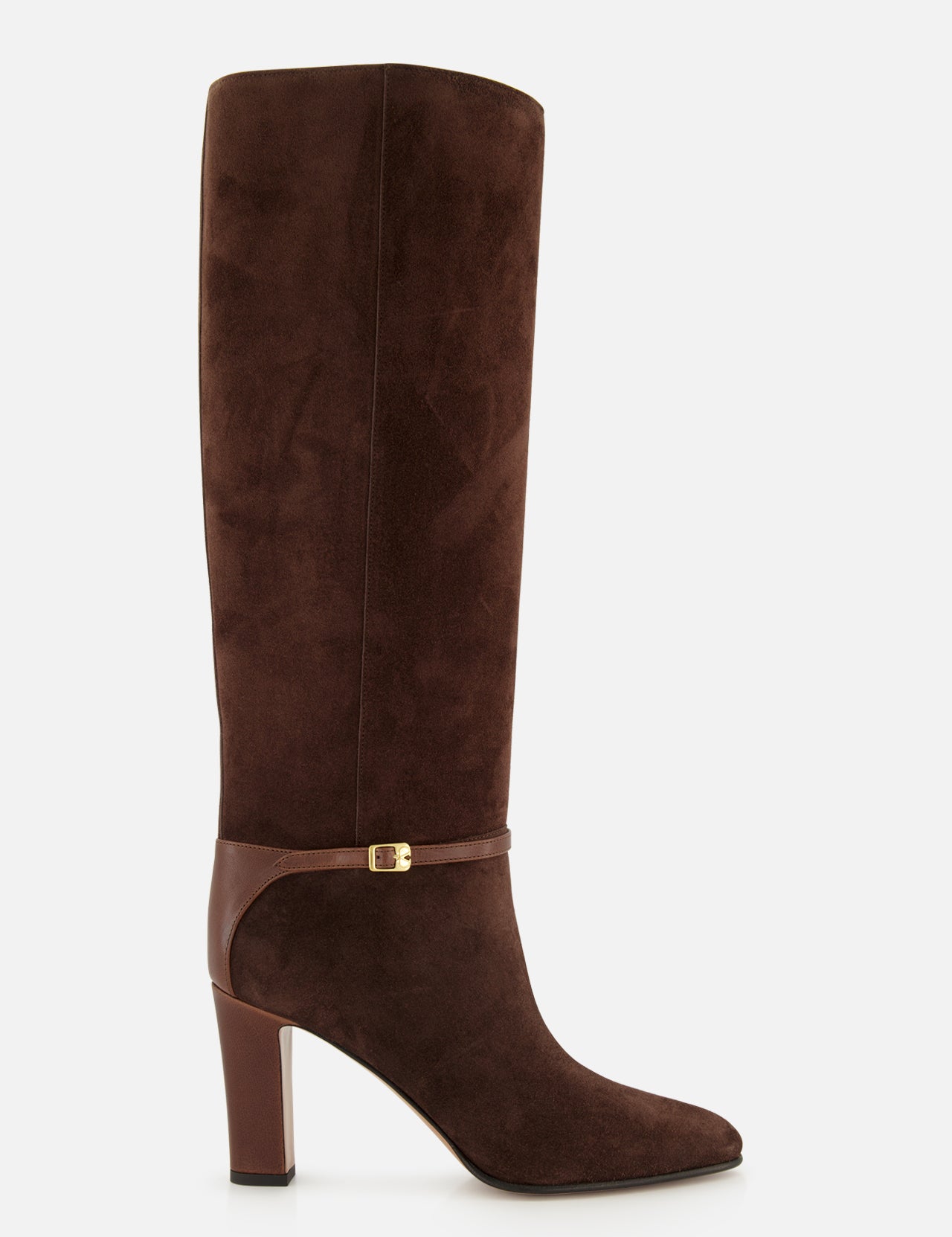 The VALENTINO GARAVANI Pattie Suede Ankle Strap Boot is a knee-high brown suede equestrian boot featuring a block heel, pointed toe, and a leather strap with a small gold buckle around the ankle, displayed on a white background.