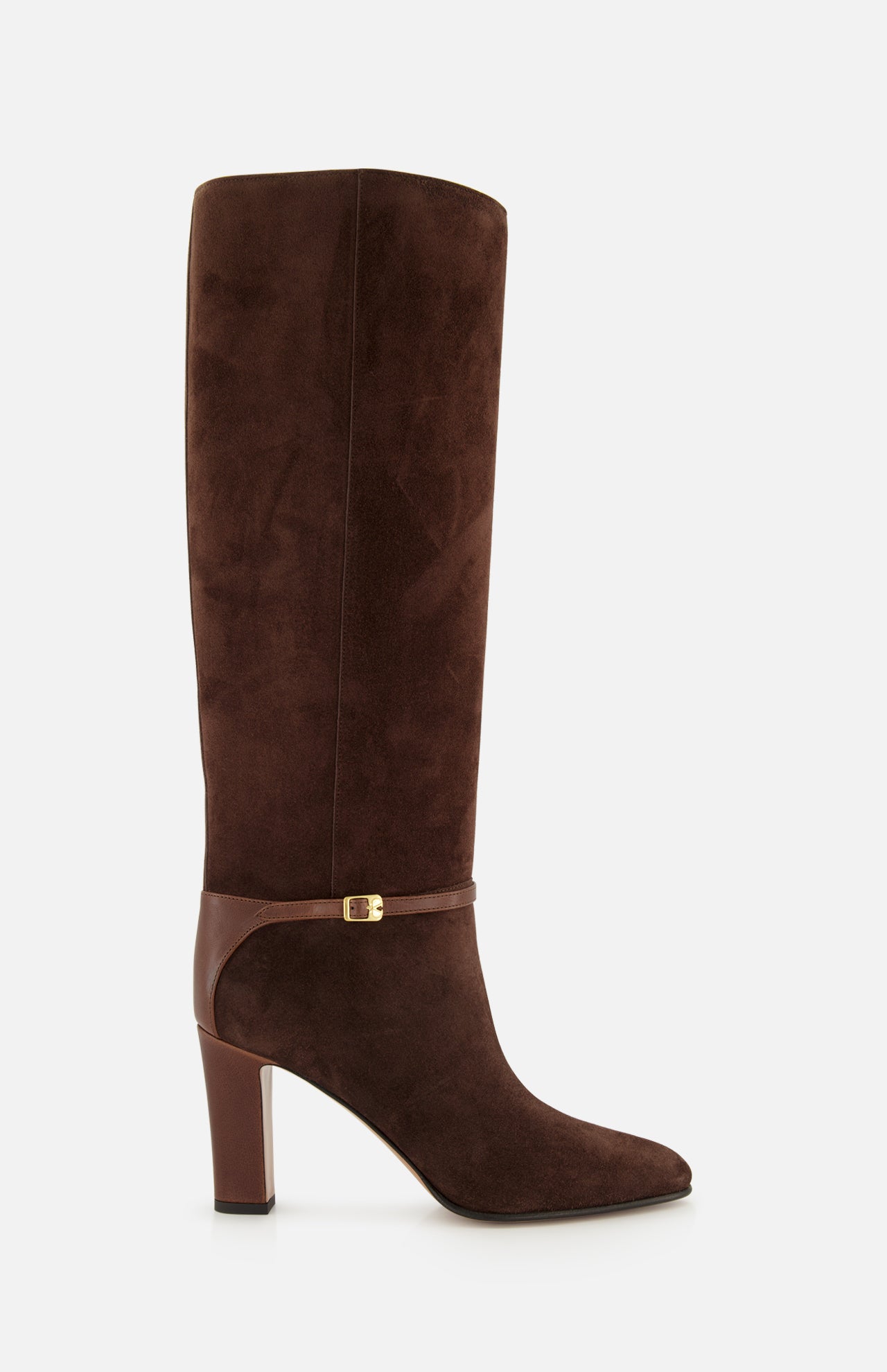 The VALENTINO GARAVANI Pattie Suede Ankle Strap Boot is a knee-high brown suede equestrian boot featuring a block heel, pointed toe, and a leather strap with a small gold buckle around the ankle, displayed on a white background.