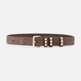 The VALENTINO GARAVANI Rockstud Belt H. 30 features dark brown suede, a gold buckle, and gold square studs on the loops—an elegant twist on the rockstud belt style, shown against a plain white background.