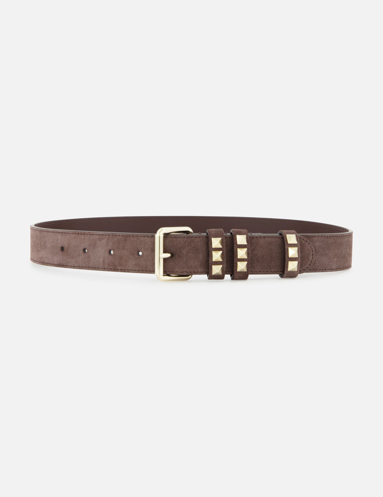 The VALENTINO GARAVANI Rockstud Belt H. 30 features dark brown suede, a gold buckle, and gold square studs on the loops—an elegant twist on the rockstud belt style, shown against a plain white background.