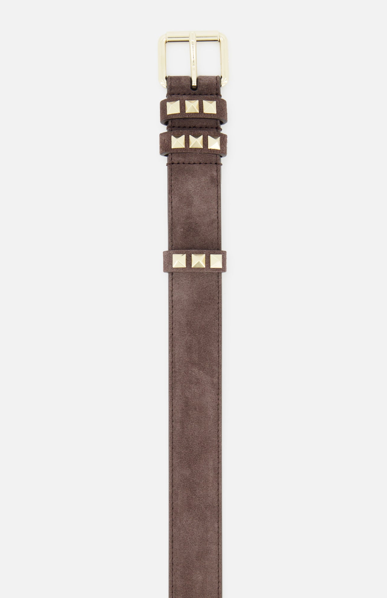 The VALENTINO GARAVANI Rockstud Belt H. 30 is a dark brown suede belt with a gold rectangular buckle and gold square studs near the buckle and along the strap, shown against a white background.