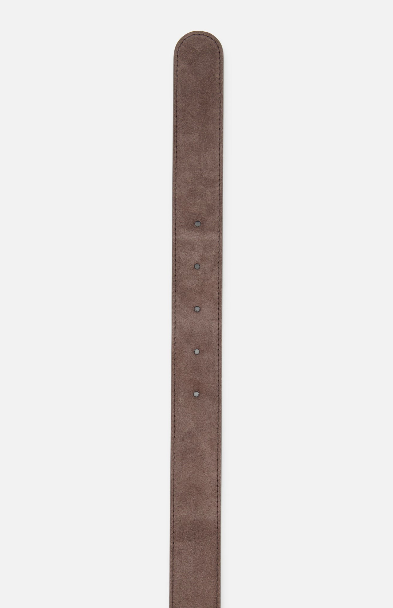 A close-up of the VALENTINO GARAVANI Rockstud Belt H. 30 in dark brown suede highlights five adjustment holes and stitched edges, set against a white background.