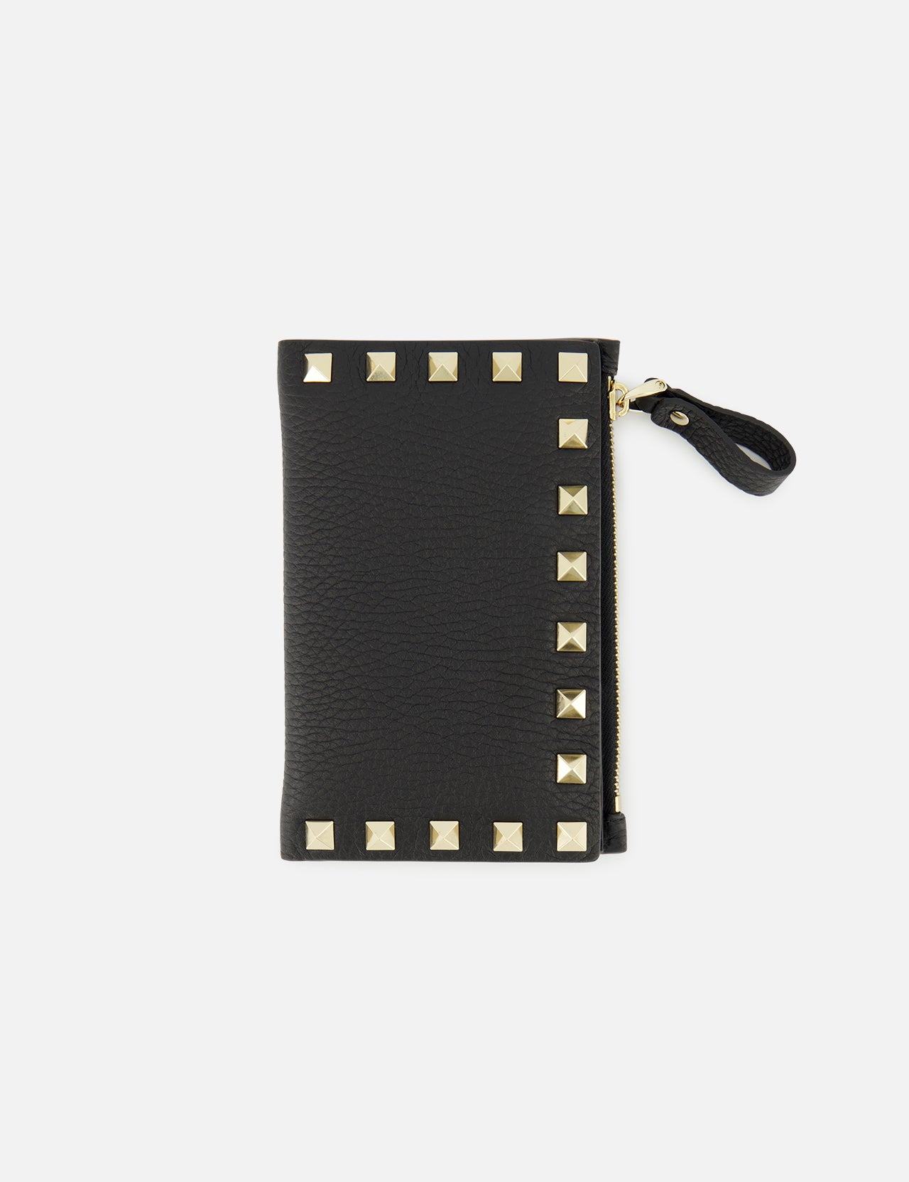 The VALENTINO GARAVANI Rockstud Coin Purse is a black leather card holder with a sleek zippered coin compartment, accented by gold pyramid rockstud trim along the edges and finished with a zipper featuring a black pull tab, shown against a white background.