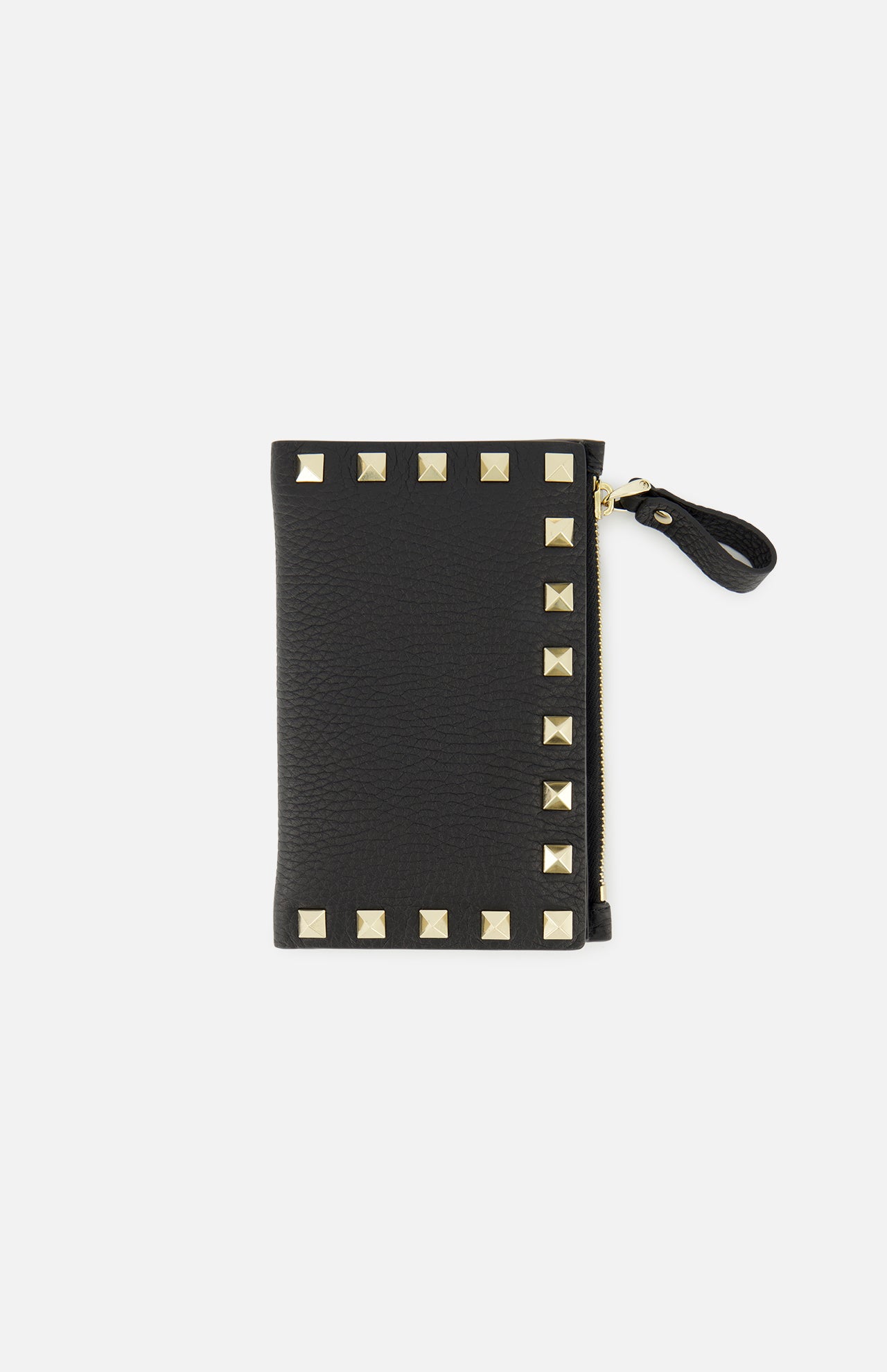 The VALENTINO GARAVANI Rockstud Coin Purse is a black leather card holder with a sleek zippered coin compartment, accented by gold pyramid rockstud trim along the edges and finished with a zipper featuring a black pull tab, shown against a white background.