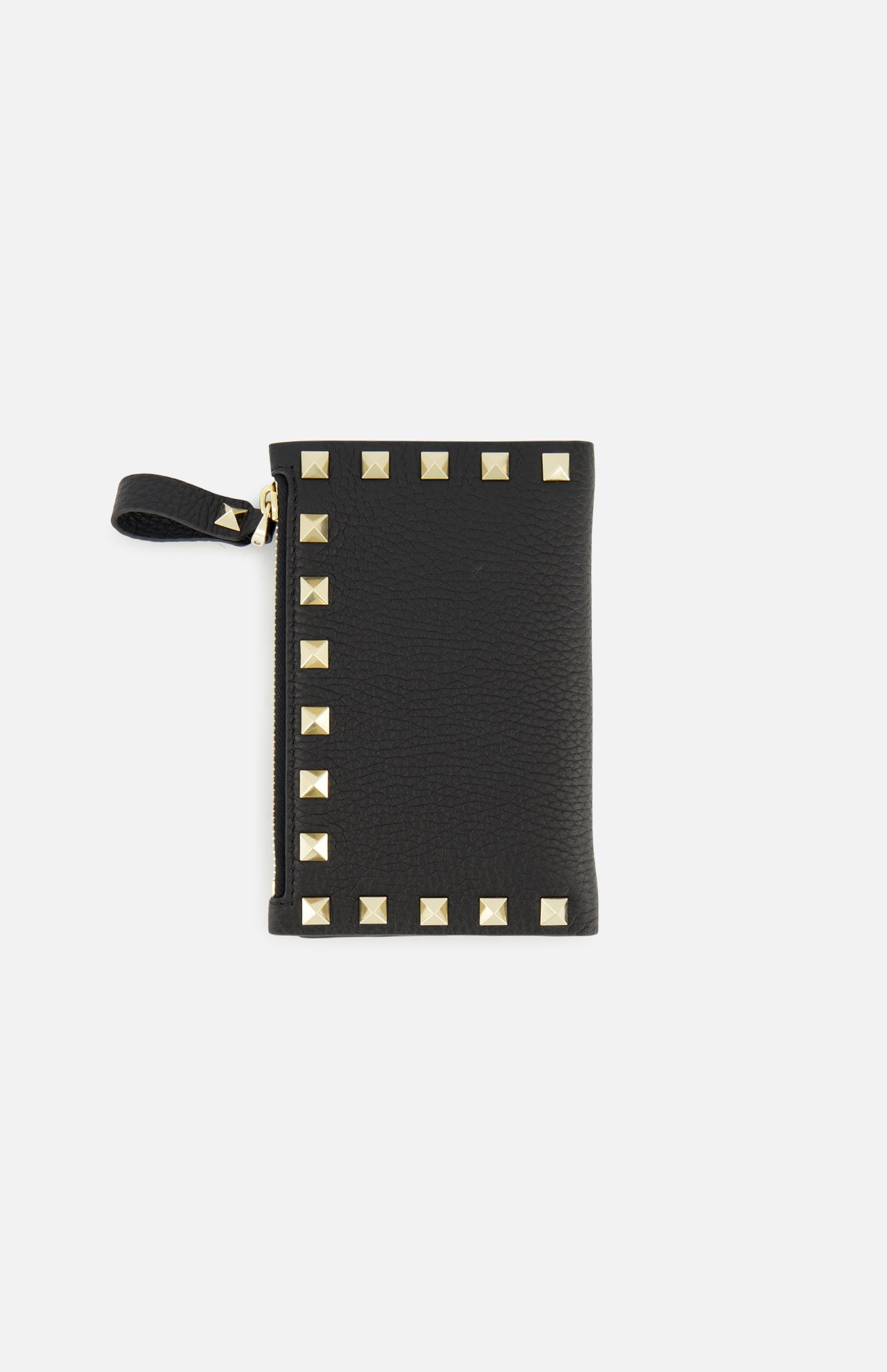 The VALENTINO GARAVANI Rockstud Coin Purse is a black leather pouch with a wrist strap and elegant gold square rockstud trim along two edges. It features a zippered coin compartment and is shown against a plain white background.