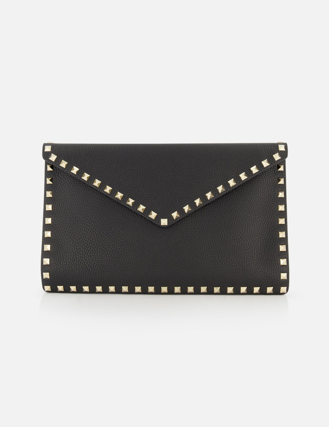 The VALENTINO GARAVANI Rockstud Large Flat Pouch is a black leather envelope clutch with gold pyramid studs along the edges, shown against a plain white background.