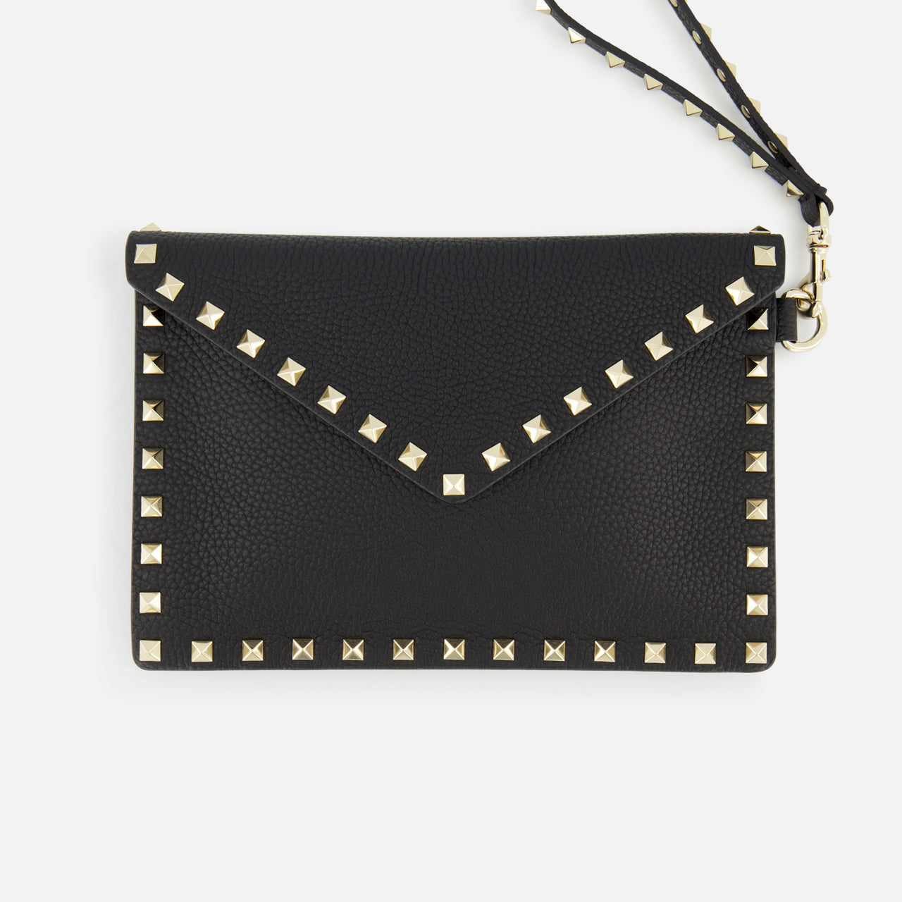 The VALENTINO GARAVANI Rockstud Medium Flat Pouch Clutch is a black leather envelope wristlet with gold square stud trim and a convenient wrist strap.