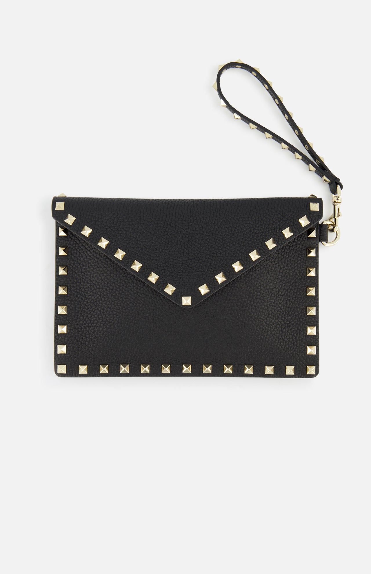 The VALENTINO GARAVANI Rockstud Medium Flat Pouch Clutch is a black leather envelope wristlet with gold square stud trim and a convenient wrist strap.