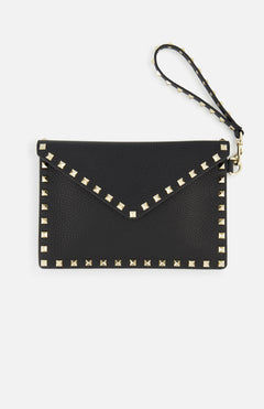 The VALENTINO GARAVANI Rockstud Medium Flat Pouch Clutch is a black leather envelope wristlet with gold square stud trim and a convenient wrist strap.