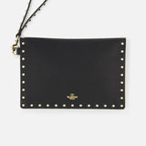 The VALENTINO GARAVANI Rockstud Medium Flat Pouch Clutch features black leather, gold-tone studs, a detachable studded strap, and a gold logo—ideal as a chic clutch or wristlet.