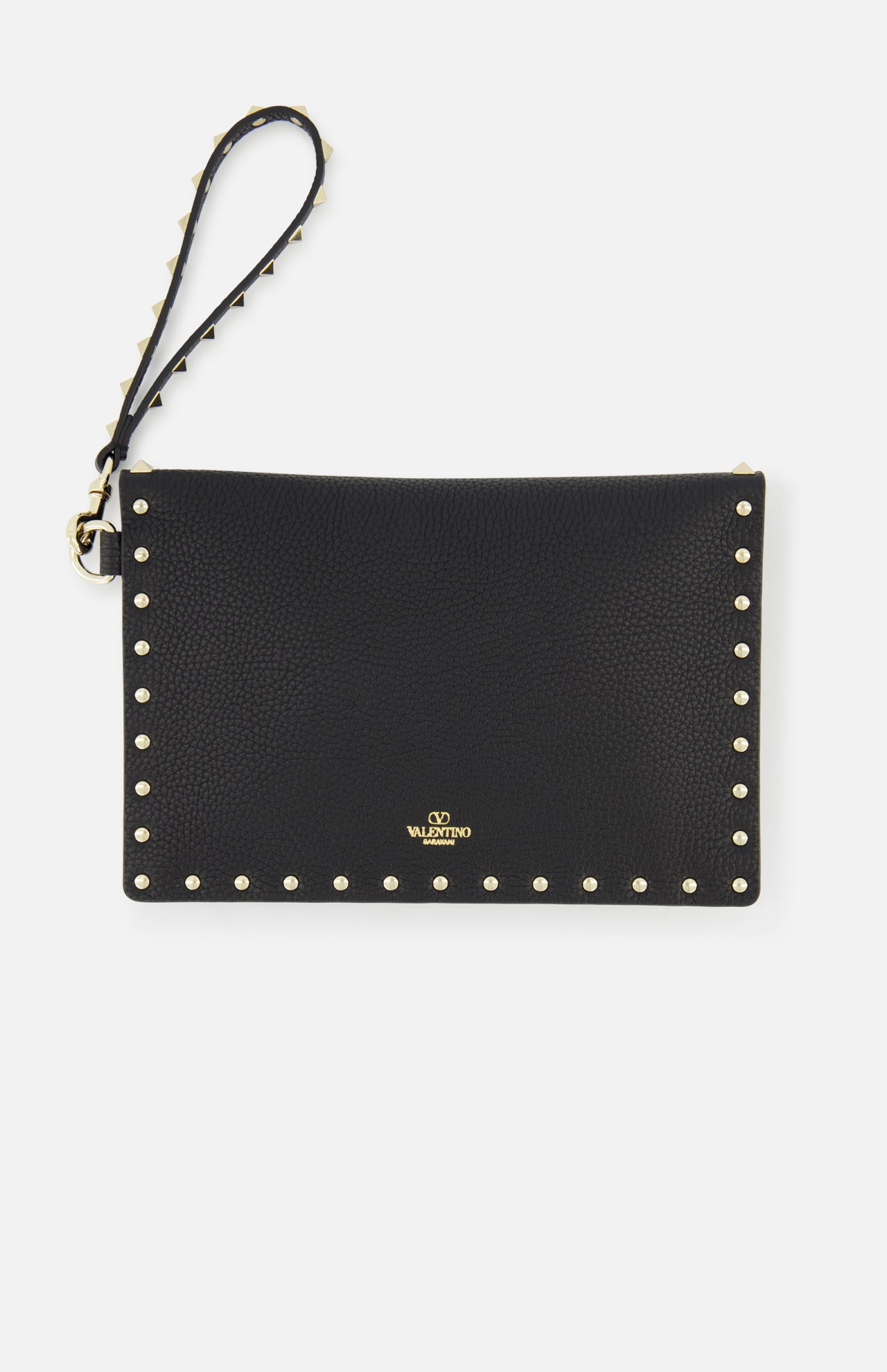 The VALENTINO GARAVANI Rockstud Medium Flat Pouch Clutch features black leather, gold-tone studs, a detachable studded strap, and a gold logo—ideal as a chic clutch or wristlet.
