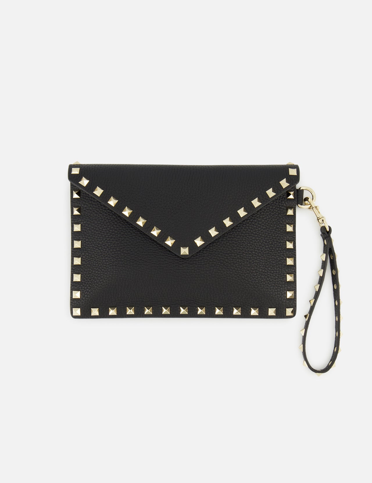 The Rockstud Medium Flat Pouch by VALENTINO GARAVANI is crafted from textured black leather in an envelope silhouette, accented with gold-tone square rockstuds outlining the edges and a matching studded wrist strap attached to one side. The pouch features a flap closure for secure storage.
