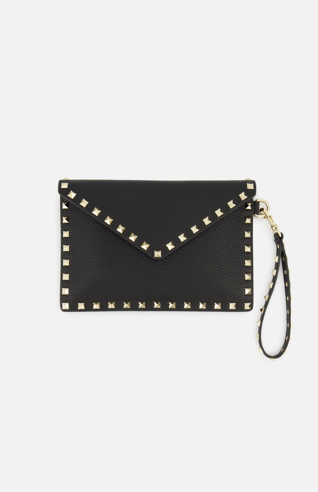 The Rockstud Medium Flat Pouch by VALENTINO GARAVANI is crafted from textured black leather in an envelope silhouette, accented with gold-tone square rockstuds outlining the edges and a matching studded wrist strap attached to one side. The pouch features a flap closure for secure storage.