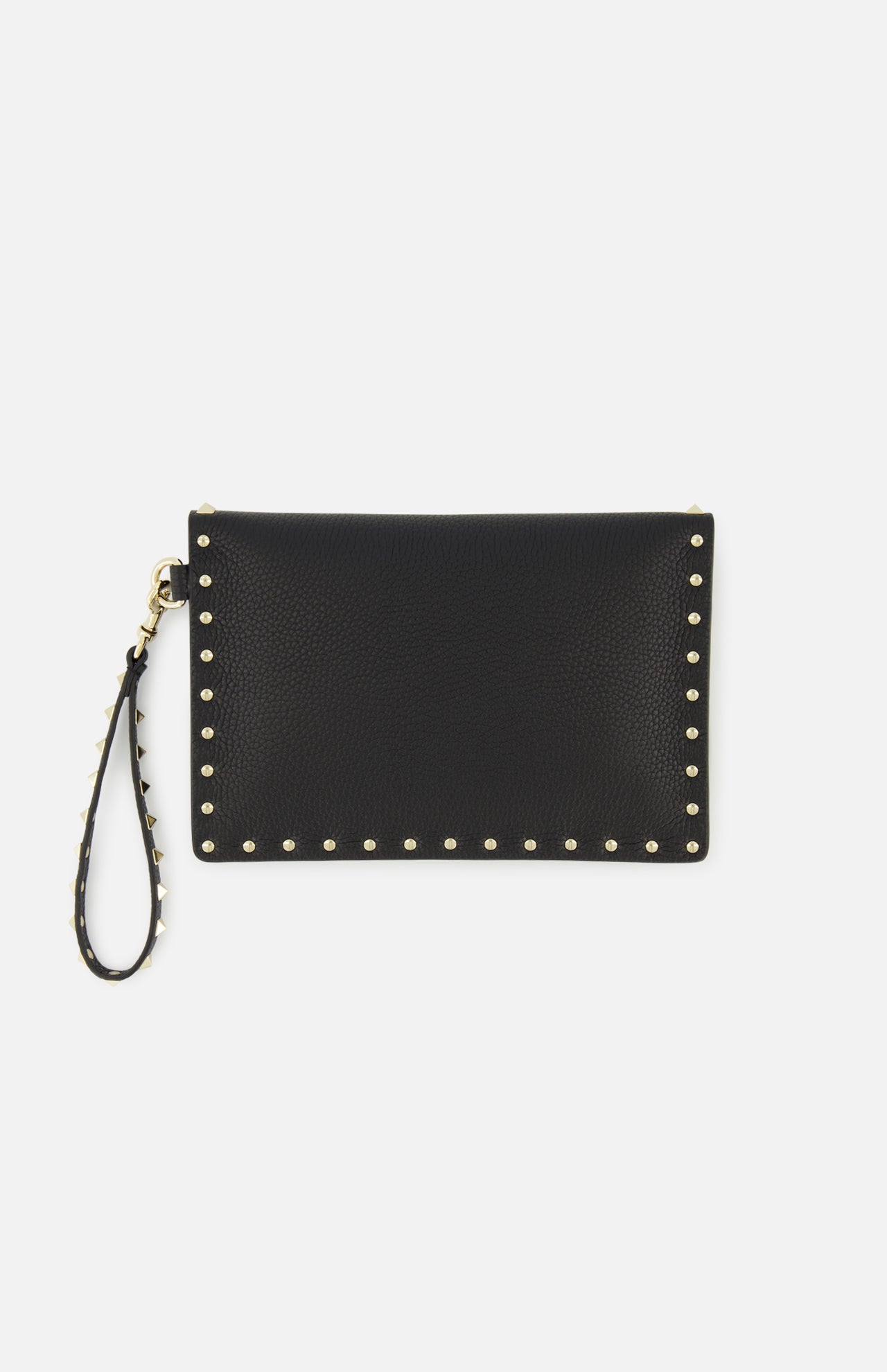 The Rockstud Medium Flat Pouch by VALENTINO GARAVANI is a black leather clutch with an envelope silhouette, featuring gold rockstuds outlining the edges and a coordinating studded wrist strap, displayed on a white background.