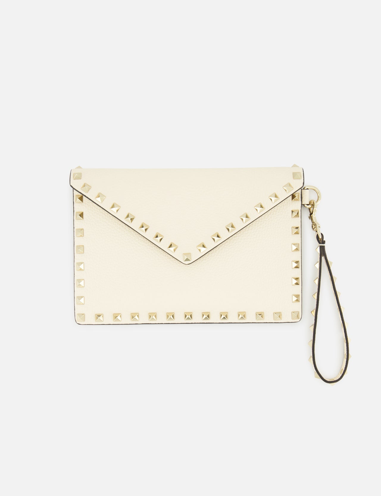 The VALENTINO GARAVANI Rockstud Medium Flat Pouch is an ivory clutch with a classic envelope design, embellished with gold rockstuds along the edges and featuring a detachable wrist strap, displayed against a plain white background.