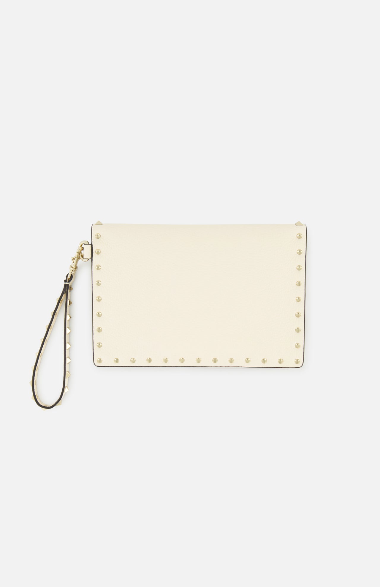 The Rockstud Medium Flat Pouch by VALENTINO GARAVANI is a cream-colored wristlet designed in an elegant envelope style, accented with gold rockstuds along the edges and finished with a matching detachable wrist strap, shown against a plain white background.