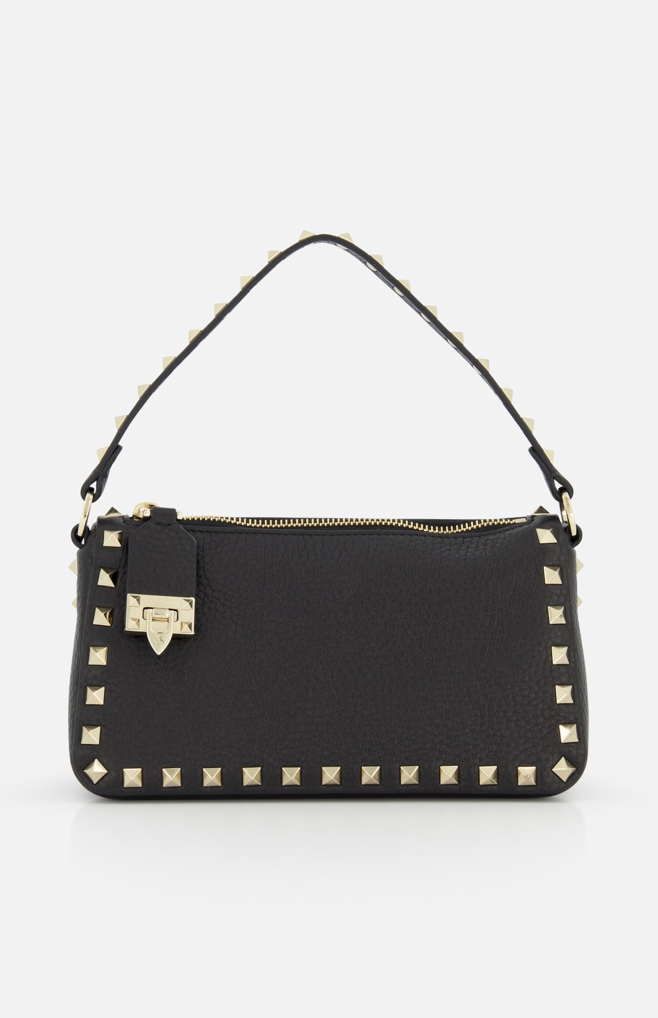 The VALENTINO GARAVANI Rockstud Small Shoulder Bag is a black leather shoulder bag with a short handle, zipper closure, gold clasp detail, and signature rockstud trim along the edges.