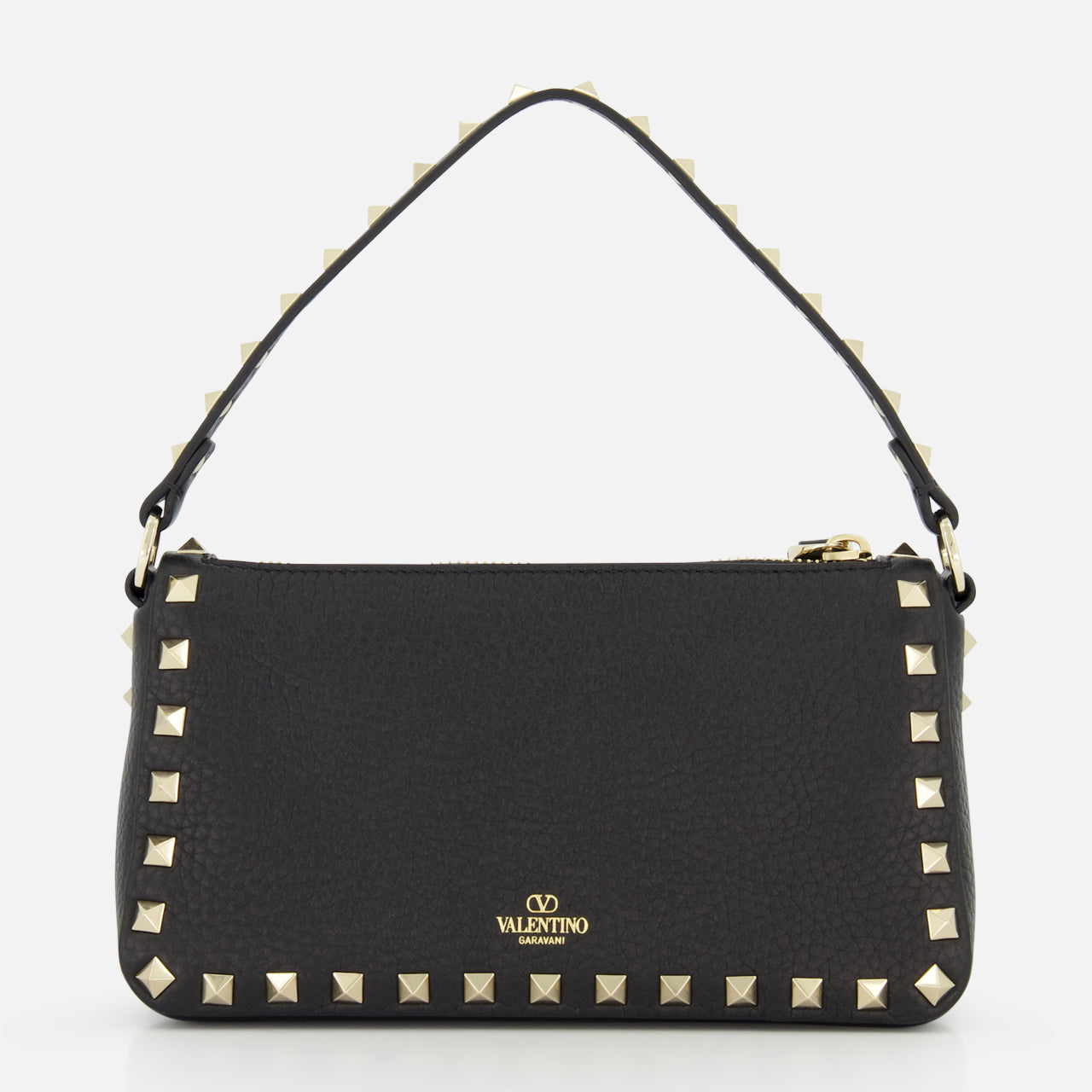 The Rockstud Small Shoulder Bag by VALENTINO GARAVANI is a black leather shoulder bag with gold-tone rockstud trim, a removable strap, and a small gold logo on the front.